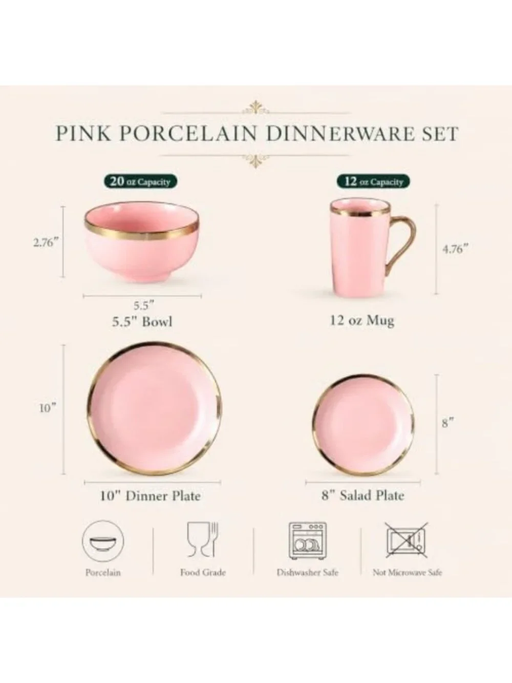 Elegant Pink and Gold Porcelain Dinnerware Set for 4 | 16-Piece Gold Rim